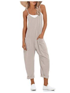 Women Harem Jumpsuit Wide Leg V Neck Sleeveless Overalls Romper With Pockets